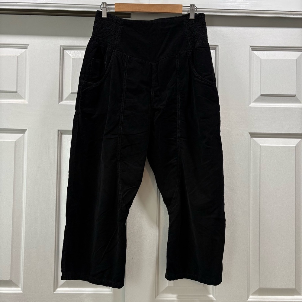 Free People Black Cropped Wide-Leg Smocked Waist Pants - Picture 5 of 13